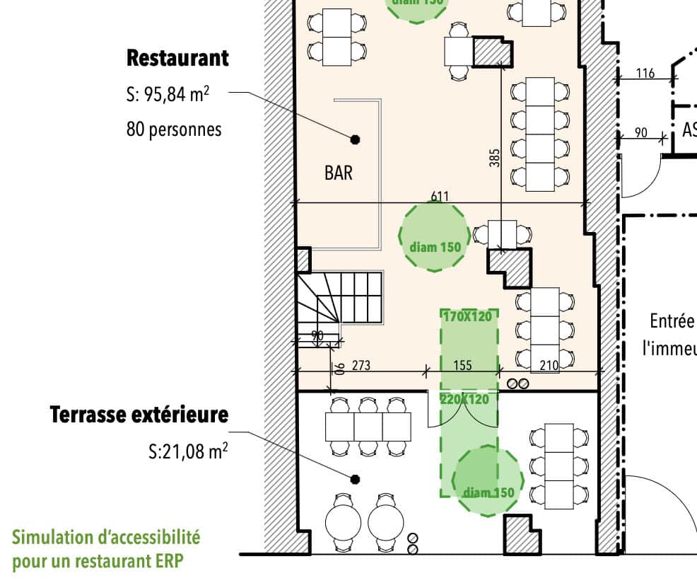  Extrait de plan d’un établissement recevant du public illustrant les circulations, les issues de secours et les zones accessibles conformément aux normes ERP